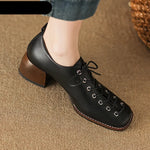 High Heel Square Toe Women Pumps Genuine Leather Concise Office Ladies Casual Lace-Up Shoes KilyClothing