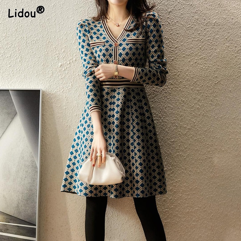 Vintage Spring Autumn Fashion New V-neck Button Slim Long Sleeved Dresses Elegant Geometric Slender A-line Skirt Women Clothing KilyClothing