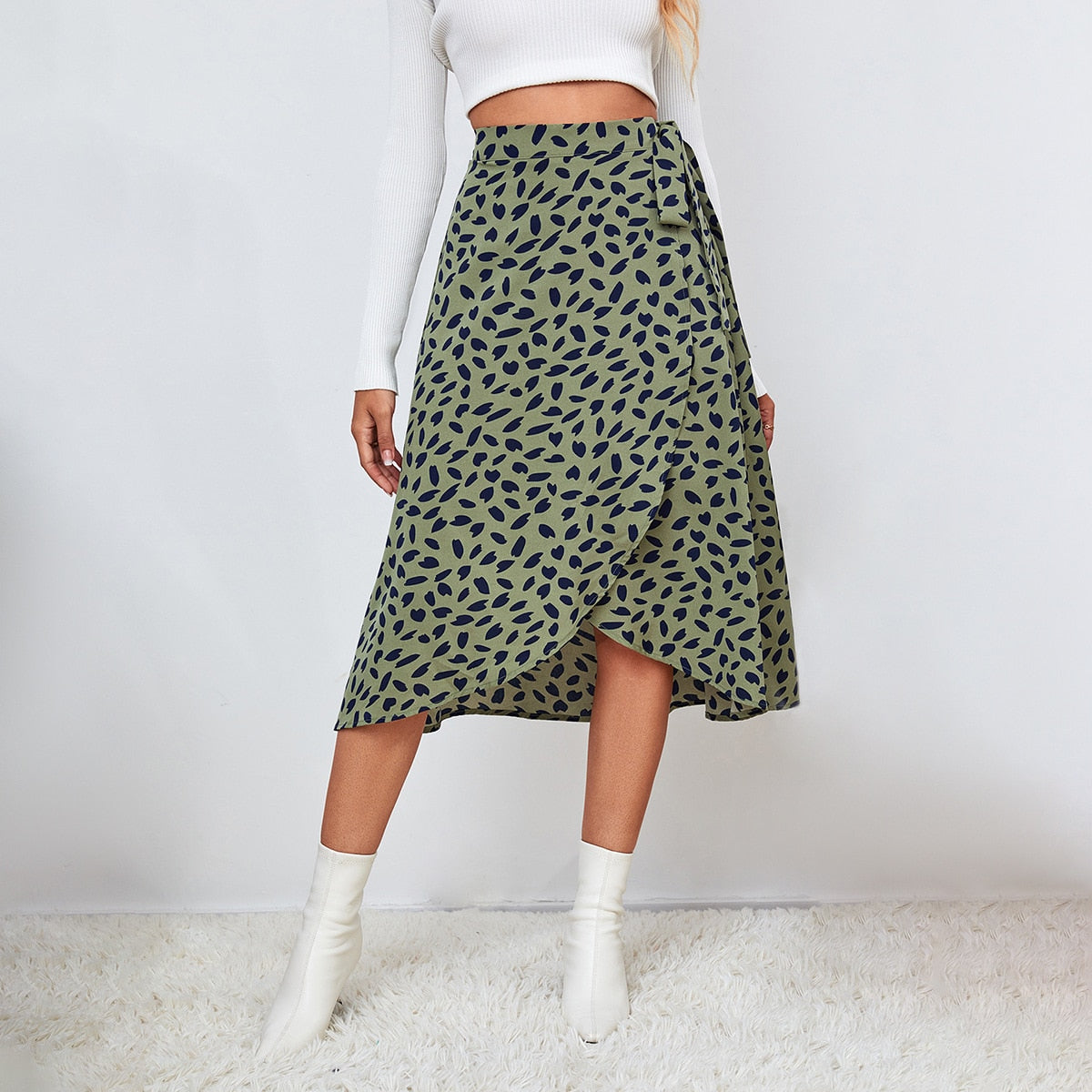 Casual Print Tie Side Wrap Skirt Elegant High Waist Female Summer Asymmetrical Knee Length A-Line Skirts KilyClothing