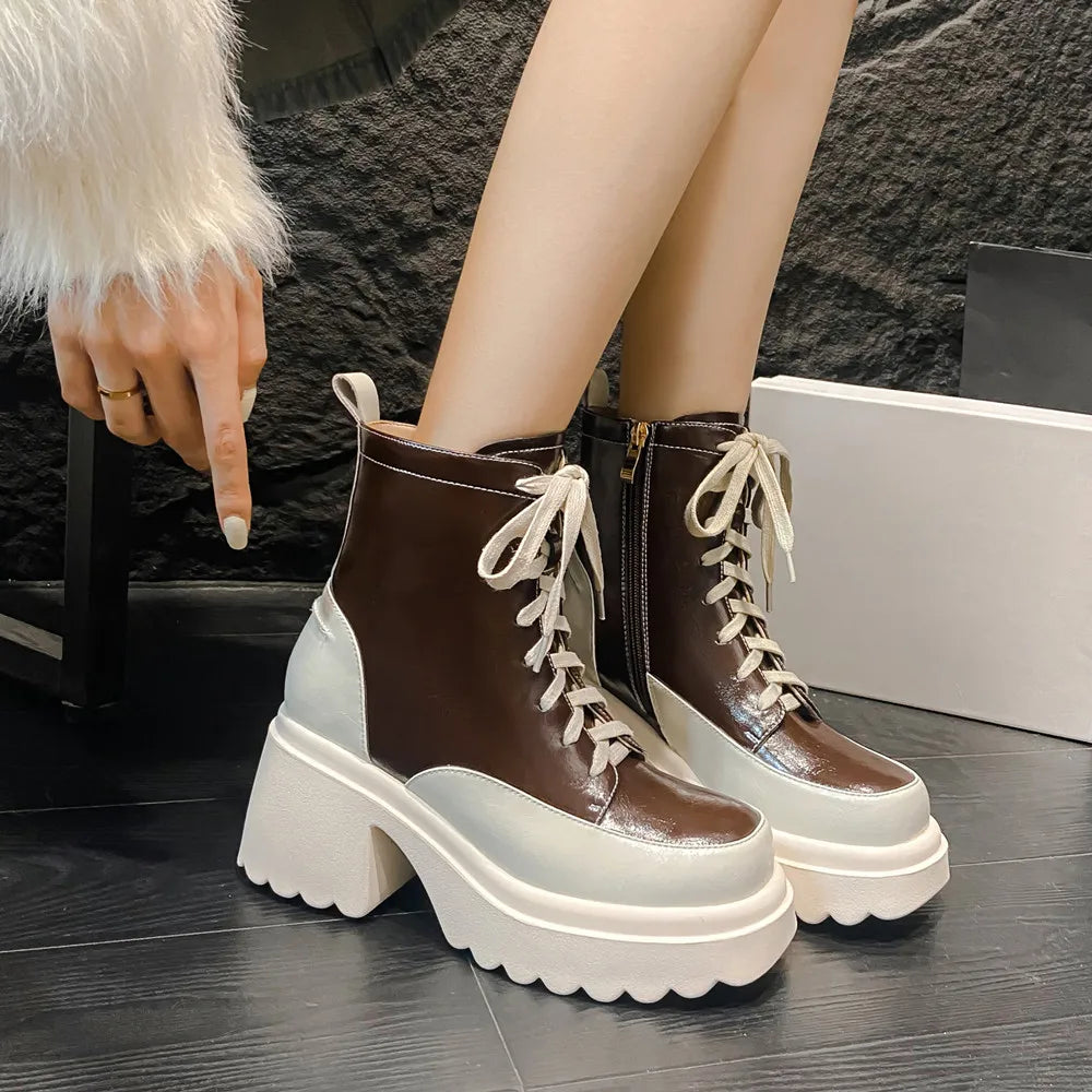 Mixed Colors Women Ankle Boots Autumn Winter Genuine Leather High Heels Shoes Woman Platforms Casual Office Lady