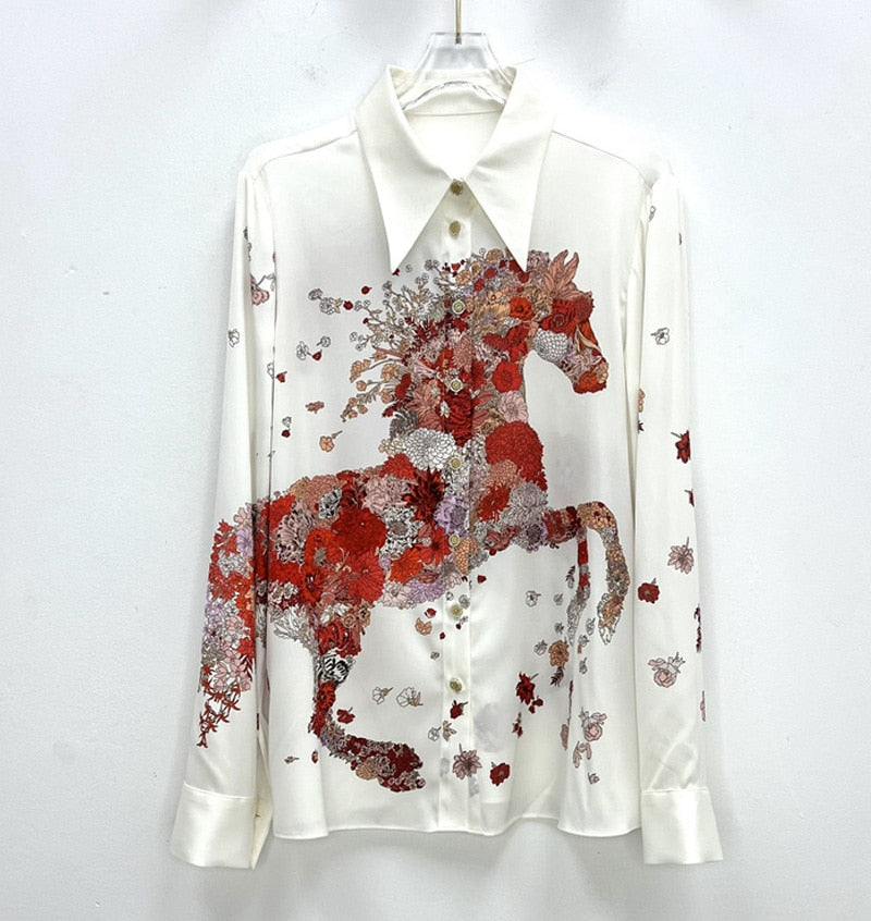 Satin White Shirt For Women Luxury Red Horse Print Long Sleeve KilyClothing