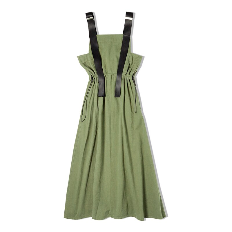 Army Green Strap Dress for Women Suspender Long Skirt Adjustable Loose Vintage Style KilyClothing