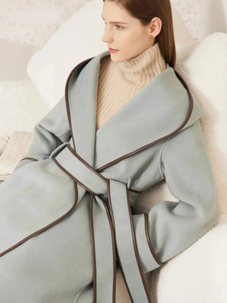Abrigo de lana minimalista para mujer para invierno, nuevo abrigo largo cálido con capucha y cinturón, estilo vintage elegante de moda sólida y colores solidos.