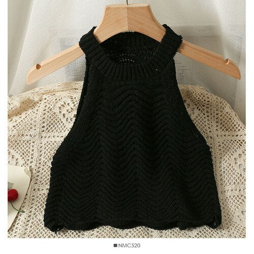 Retro Wavy Halter Knitted Suspender Vest Women Tanks Tops Korean Fashion KilyClothing