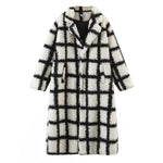 Faux Lamb Plaid Lapel Long Coat Full Sleeve Button Pocket Casual Overcoat Office Lady Elegant Windbreaker KilyClothing