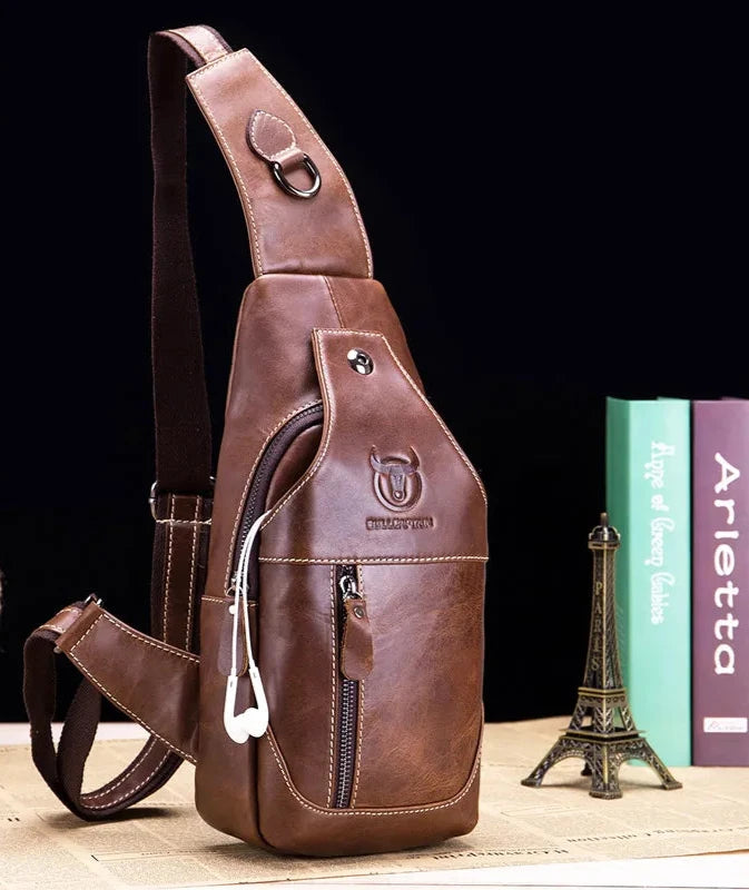 Genuine Leather Chest Bag Casual Triangle Crossbody Design Travel Shoulder Backpack Men Leather Multifunctional Bag