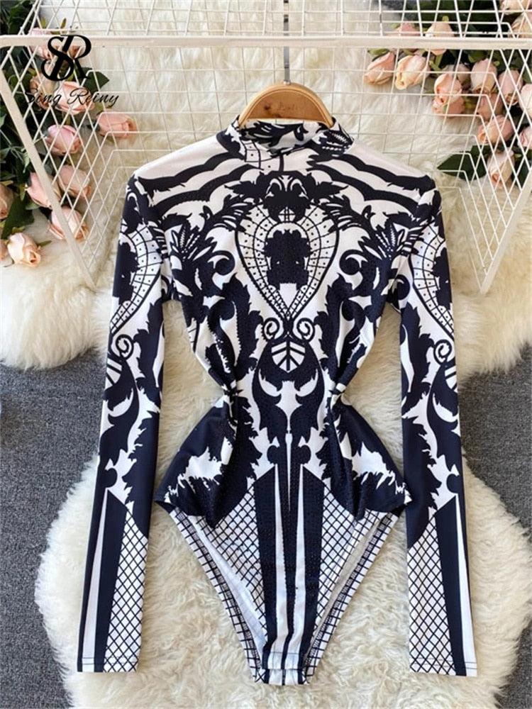 SINGREINY Design Autumn New Print Rompers Women Stand Collar Long Sleeve Slim Jumpsuits Chic Fashion Sexy Bodycon Short Bodysuit KilyClothing