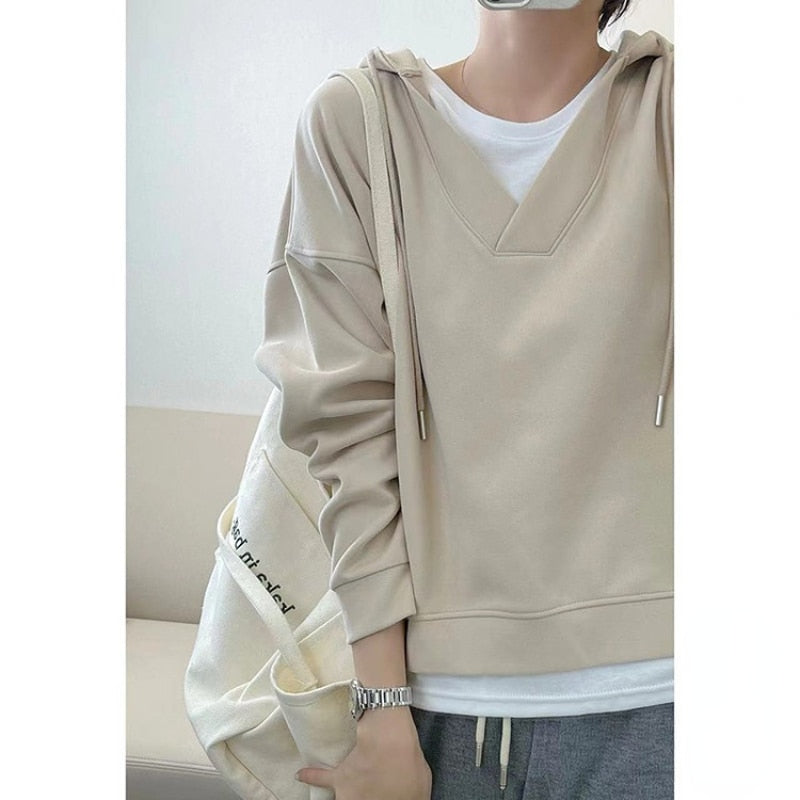 Fake two-piece drawstring v-neck hooded sweater, loose Korean style casua KilyClothing
