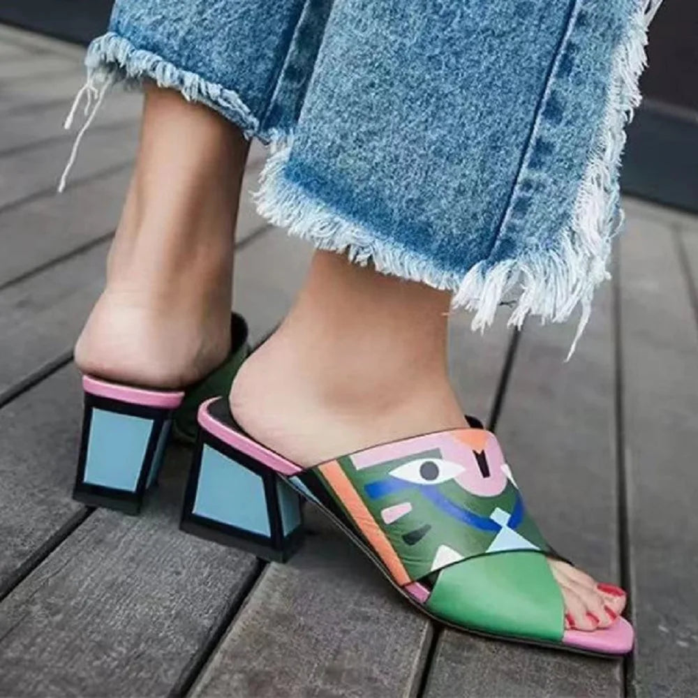 Graffiti woman slippers mixed colors peep toe shoes for women mid heels summer sandals eyes printed KilyClothing