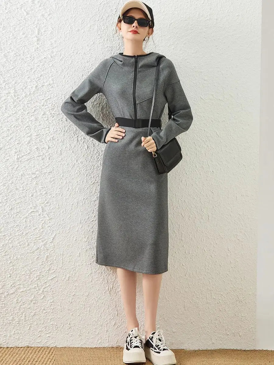 Vestido de mujer de manga larga con media cremallera y cinturón,  informal con capucha A-LINE