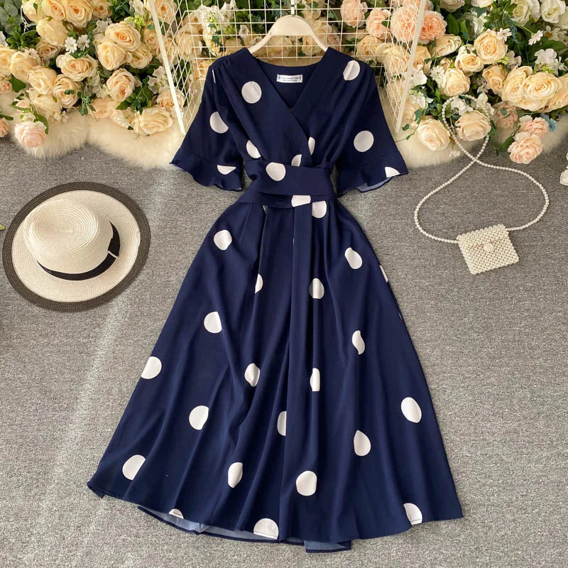 Chic Fashion Polka Dot Print Women Dress Summer Elegant Vintage Bandage Slim Waist KilyClothing