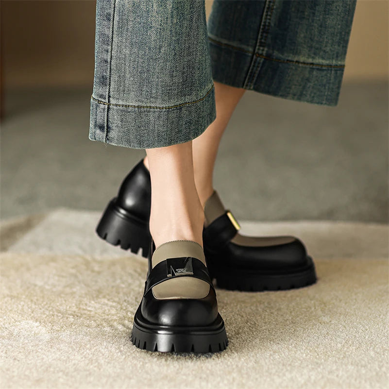 Women Genuine Leather Loafers Round Toe Flats Metal Decoration Ladies Fashion Mixed Colors Shoes