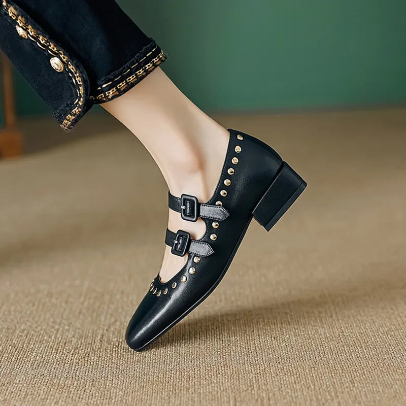 Genuine Leather Shoes Women Square Toe Chunky Heel Women Pumps Rivet Buckle Low Heel Women Shoes Retro Handmade Mary Janes Shoes KilyClothing