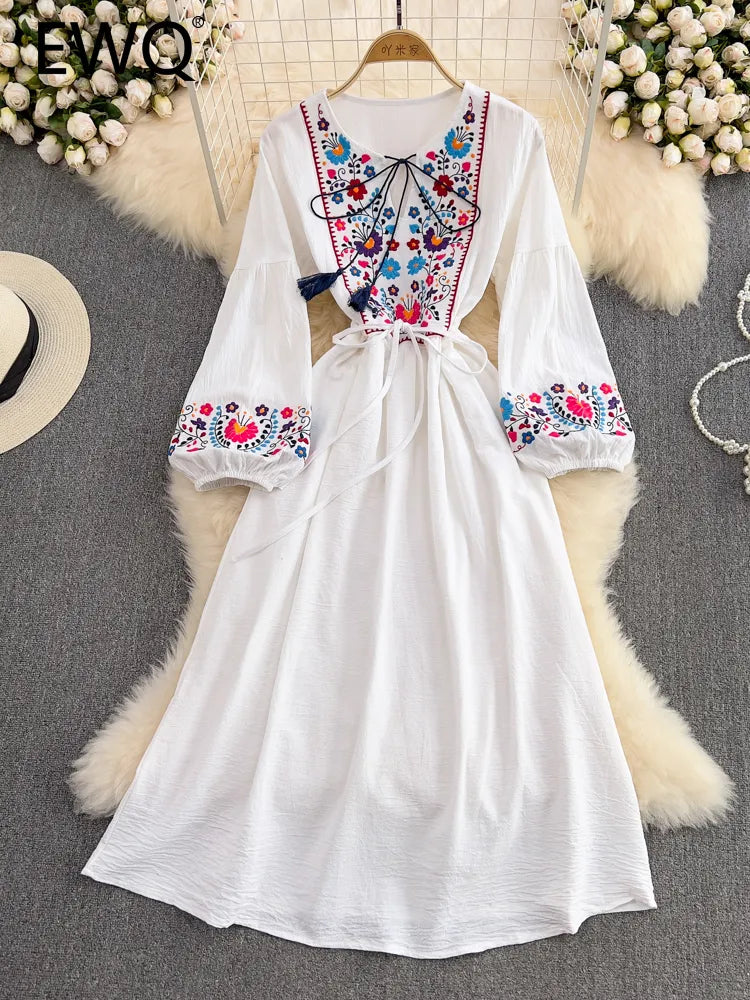 Sweet Style Long Dress For Women Embroidery Tassel High Waist Lace-up A-line Dresses Spring Summer KilyClothing