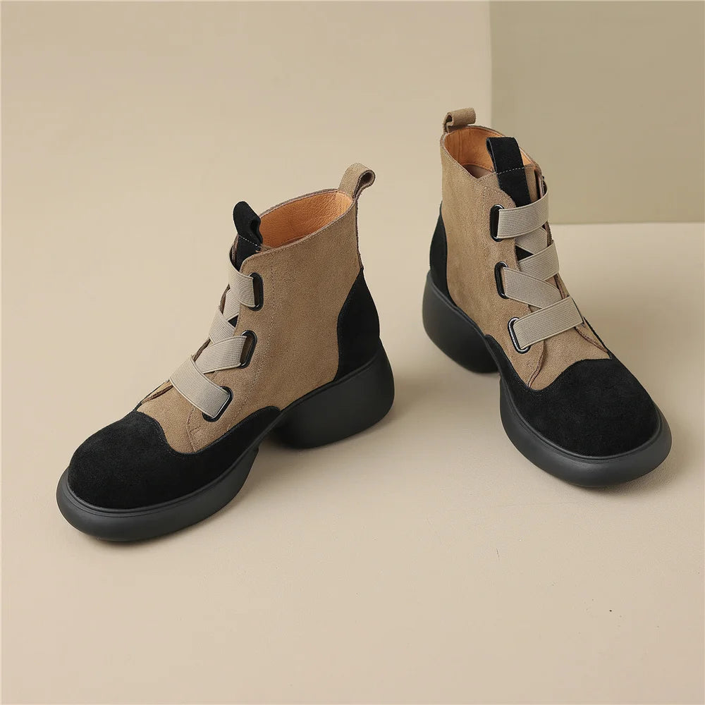 Botines de mujer de estilo retro de piel de ante de vaca y colores combinados, informales, para trabajo, otoño e invierno