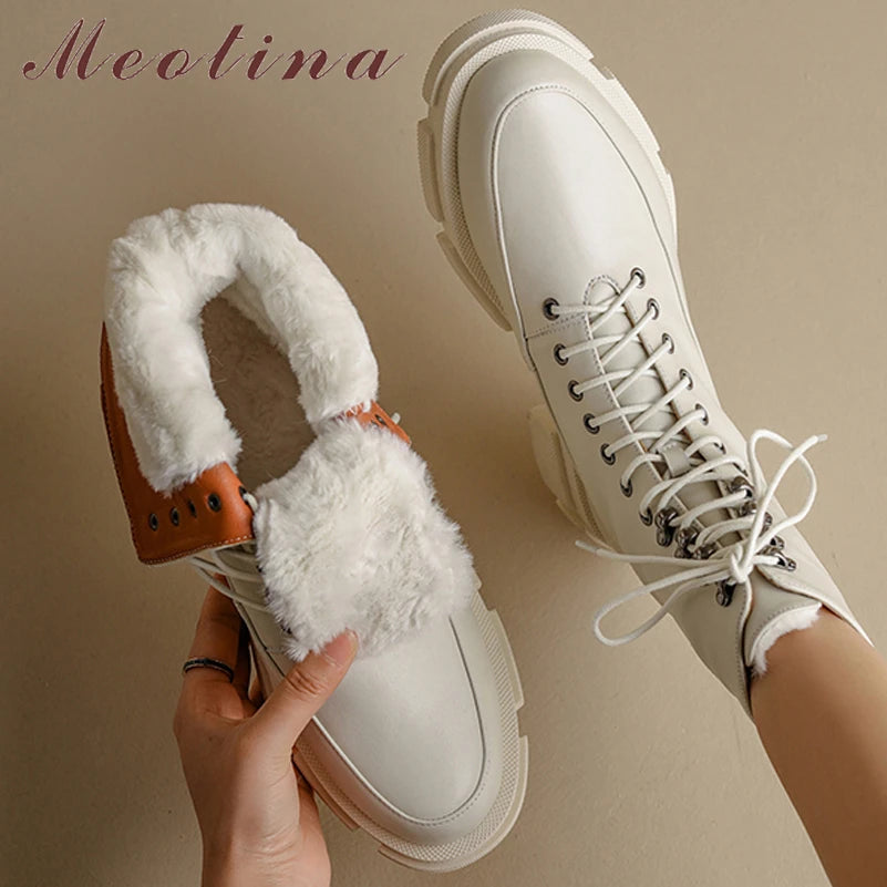 Meotina Women Genuine Leather Ankle Wool Fur Snow Boots Round Toe Thick Mid Heel Lady Lace-up Short Boot Autumn Winter Shoes 43