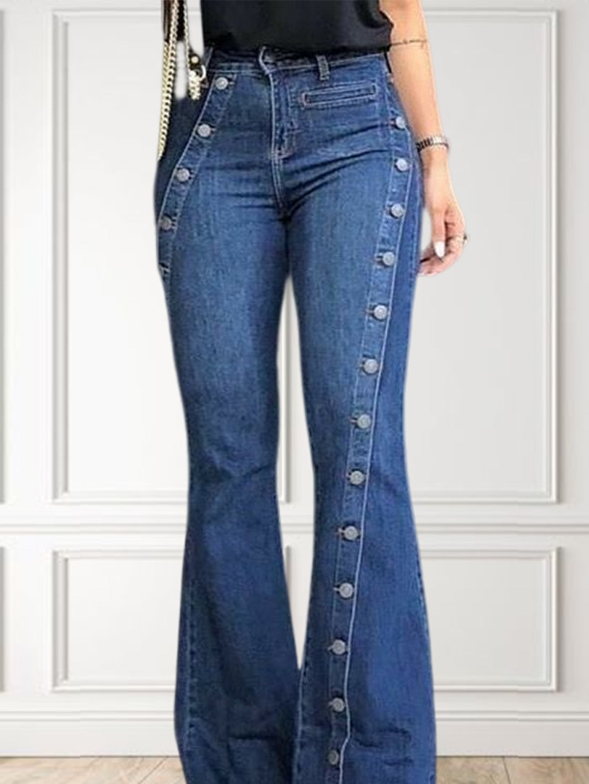 Plain Button Decor Flare Leg Long Denim Pants Flare Jeans, High Waist Skinny bottom Wide Leg  Jeans KilyClothing