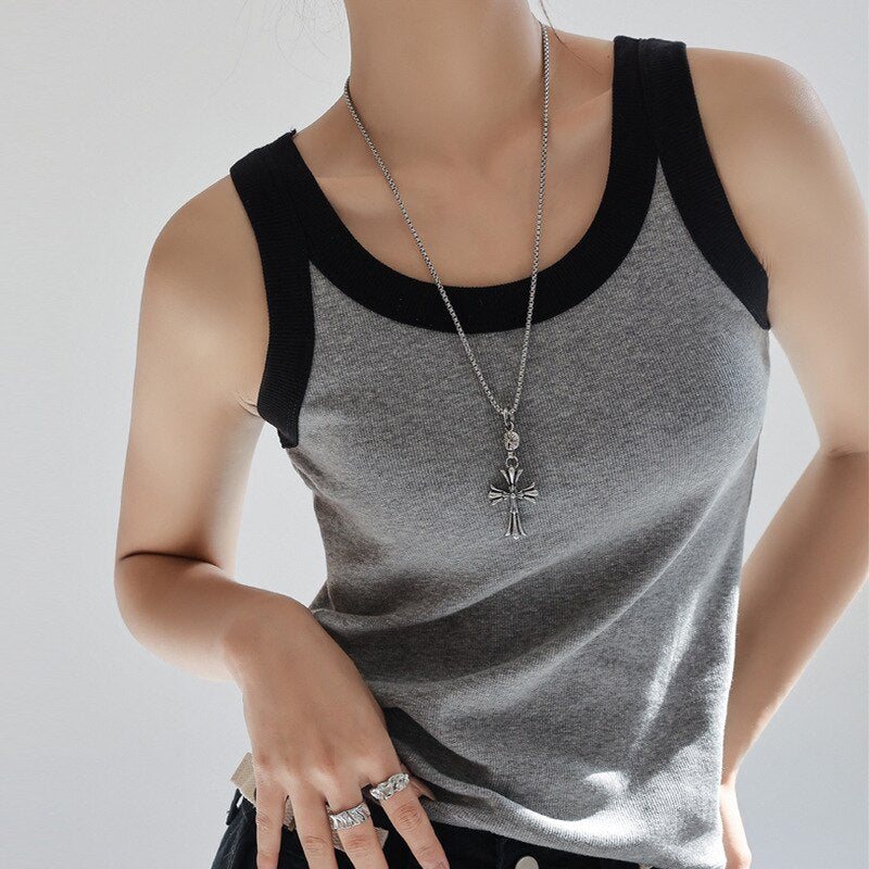 Casual Knitted Tops, Soft Viscose Sleeveless Patchwork All Match Streetwear Tank KilyClothing