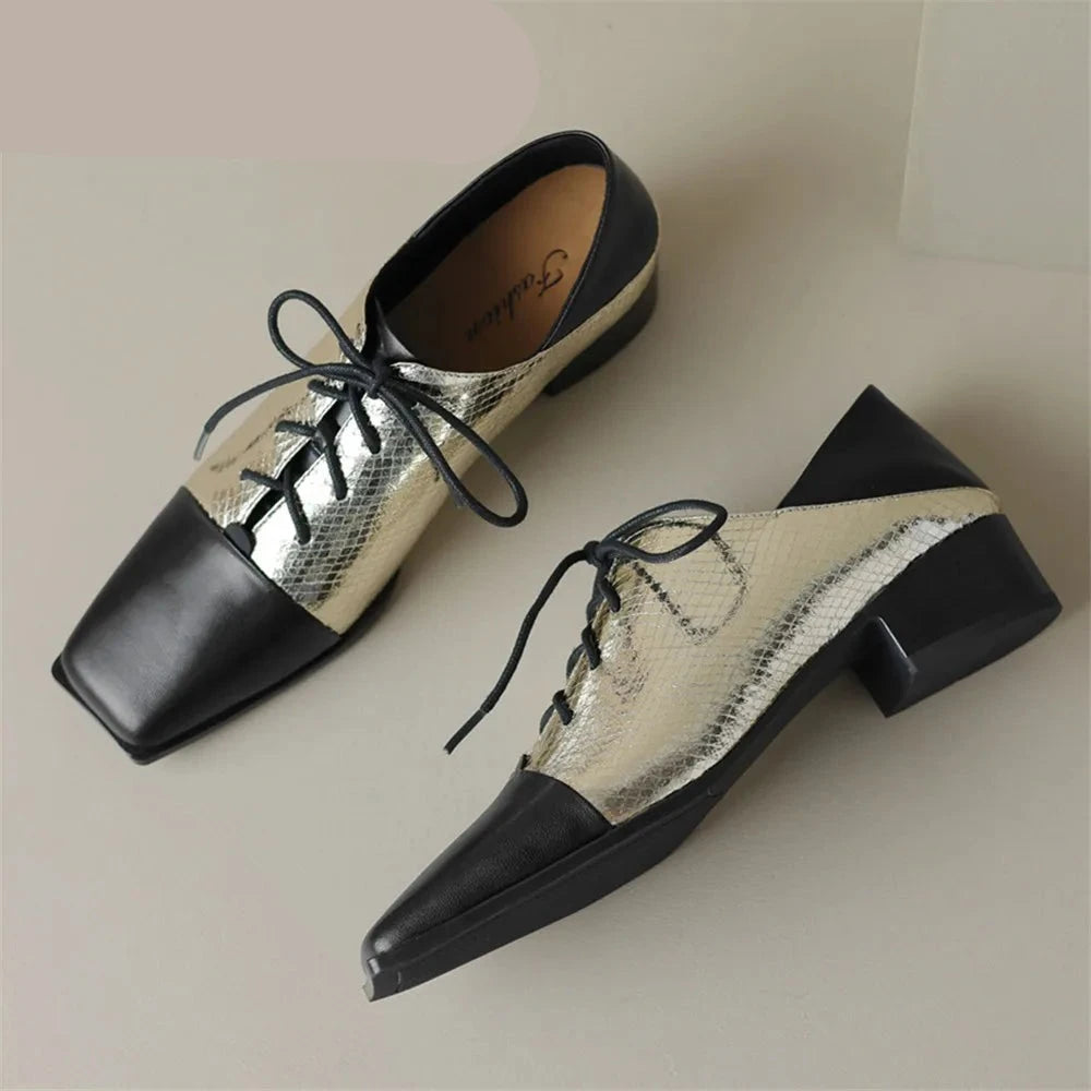 Metallic Microfibre Mixed Color Women Cow Leather Pumps Square Toe Thick Heels Classic Lace Up Casual Street KilyClothing