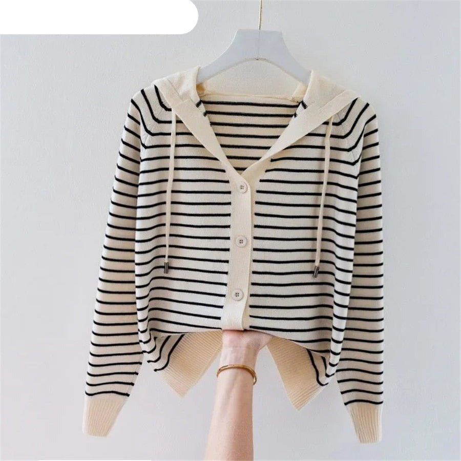 Stripe Hooded Thin Oversize 4xl Knitted Cardigan Tops KilyClothing