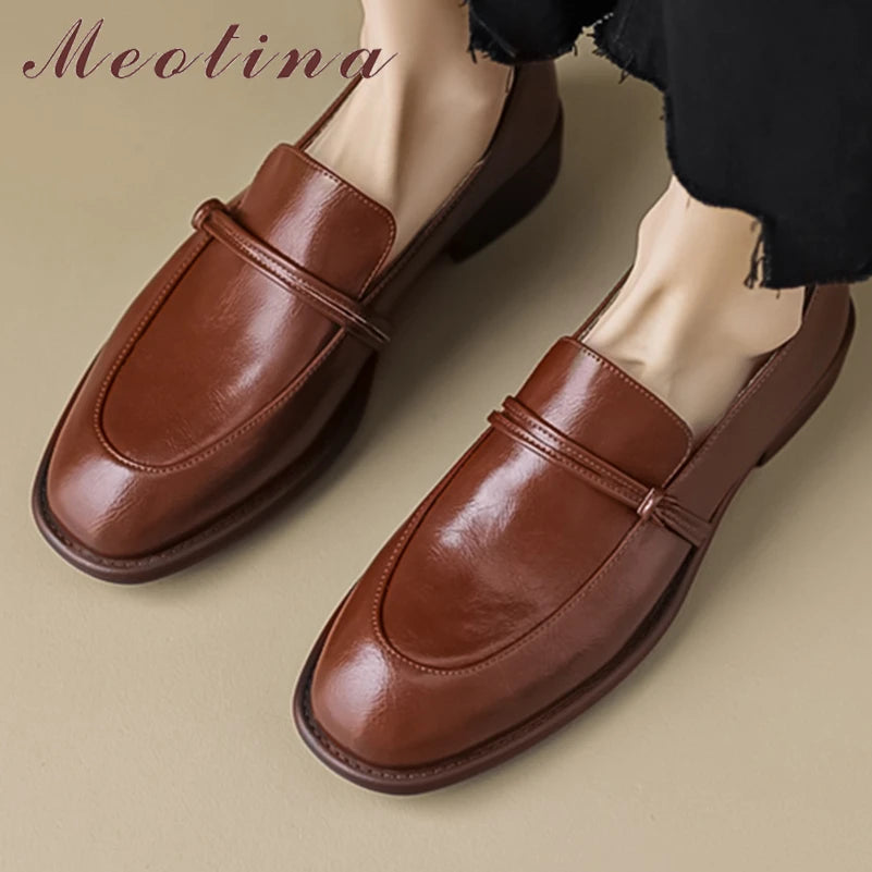 Meotina Women Genuine Leather Loafers Round Toe Flats Concise Design Ladies Fashion Casual Shoes Spring Autumn Black Brown 40