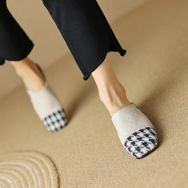 Sandalias de tela de algodón con punta cubierta, zapatos de tacón bajo de cuero genuino para mujer, zapatillas de colores mezclados