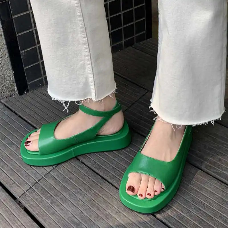 Cow Leather Peep Toe Thick Bottom Solid Summer Shoes Leisure Fashion Comfortable Buckle Strap Women Sandals KilyClothing