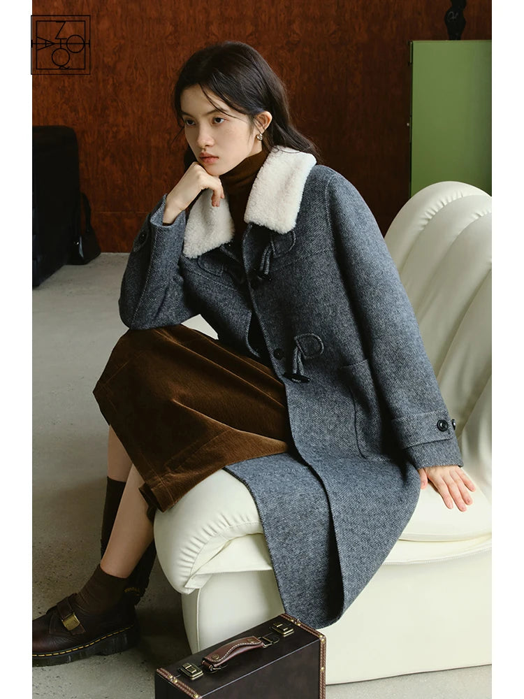 Preppy Style Horn Button Wool Coat for Women Winter Niche Design College Sense Mid-length Double-sided Woolen Coat Female