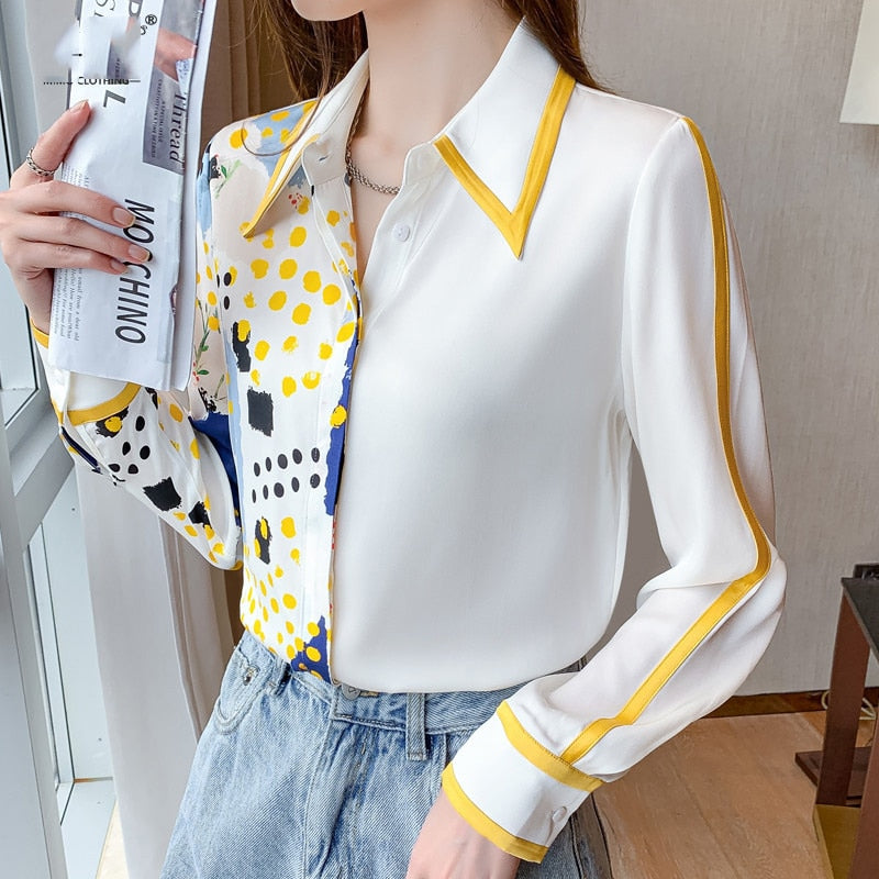 Long Sleeve Lapel Satin Women's Shirt Spring Casual KilyClothing