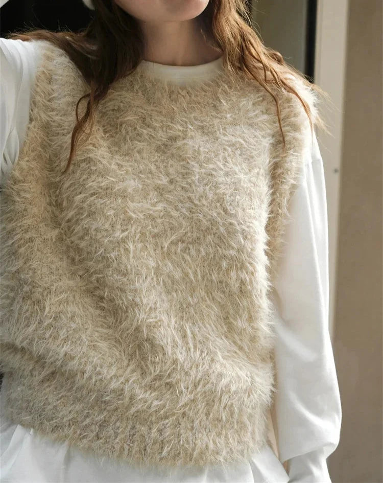 Winter Fashion Imitation Mink O-neck Wool Sweater Vest Women Soft Fluffy Knitting Top Apricot/Gray