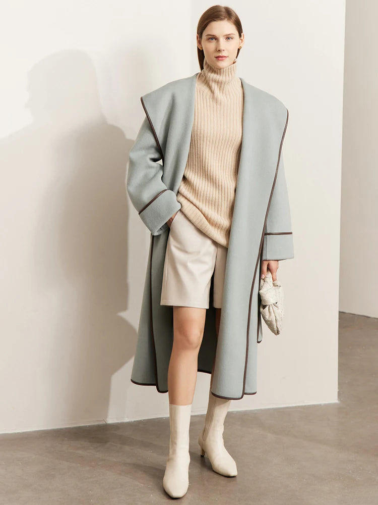 Abrigo de lana minimalista para mujer para invierno, nuevo abrigo largo cálido con capucha y cinturón, estilo vintage elegante de moda sólida y colores solidos.