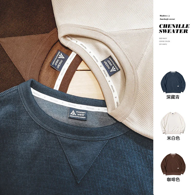 Heavy Duty Chenille Sweater Round Neck Basic Long Sleeve T-shirt Men's Autumn