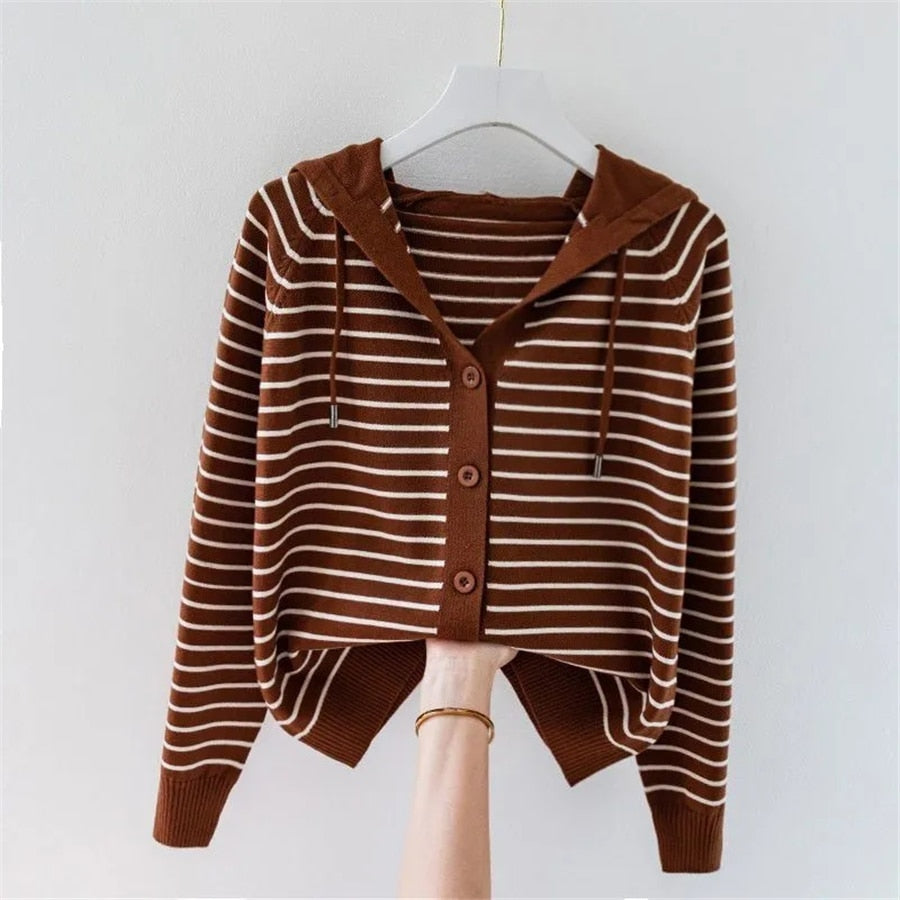 Stripe Hooded Thin Oversize 4xl Knitted Cardigan Tops KilyClothing