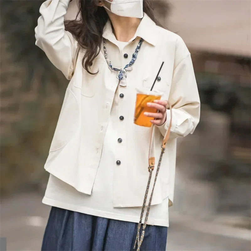 Women's Casual Pocket Shirt Jackets Vintage Long Sleeve Oversized Blouse Solid Color Loose Outwear Tops