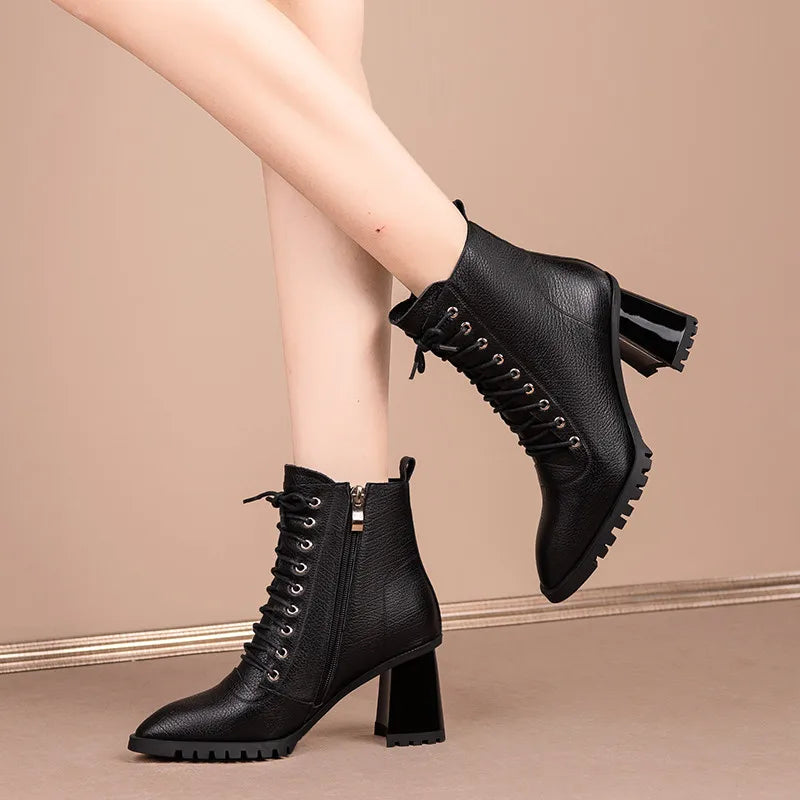 Genuine Leather Women Ankle Boots Pointed Toe High Heels Shoes Woman Dress Office Ladies Autumn Winter Mature