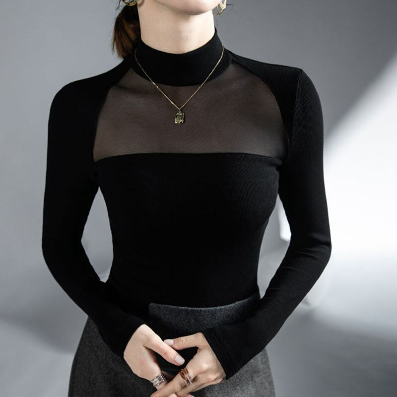 Half Turtleneck Net Yarn Black Patchwork Slim Woman Clothes, Long Sleeve Upper Garment KilyClothing