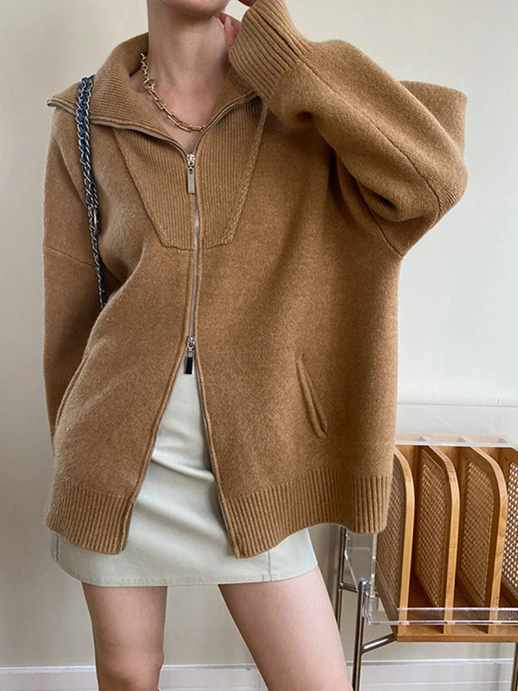 [LANMREM] Wool Knitting Double Zipper Sweater For Women 2023 Winter New Lapel Long Sleeve Elegant Female Tops Fashion Clothing KilyClothing