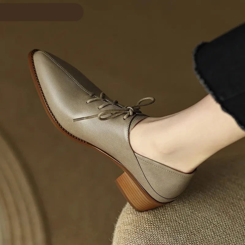 Classic Women Pumps Spring Autumn Office Ladies Casual Low Heels Comfortable Genuine Leather Lace-Up High-heeled Shoes Woman KilyClothing