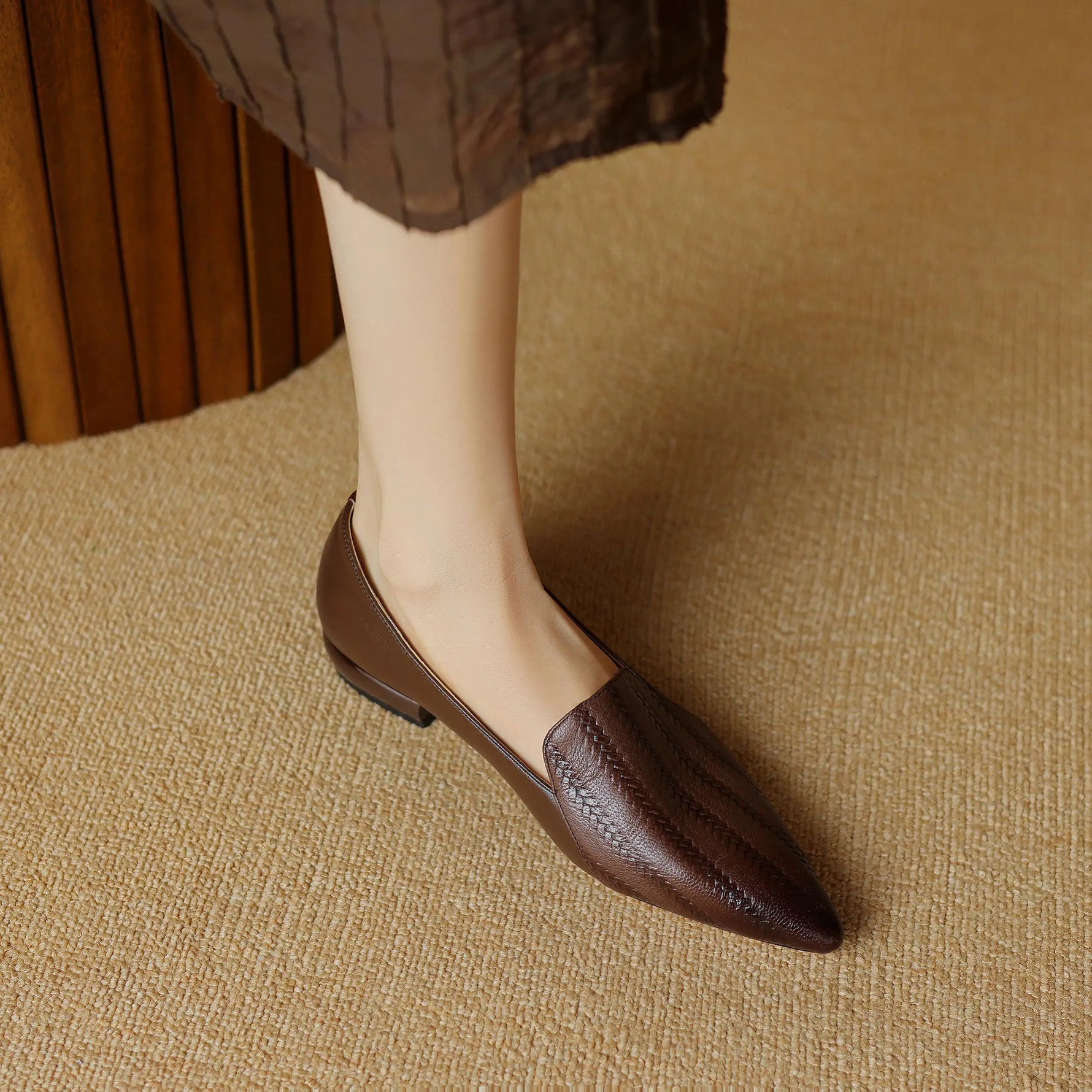 Full Grain Leather Low Heels Spring Brand Shoes Slip On Vintage Pointed Toe Women Pumps KilyClothing