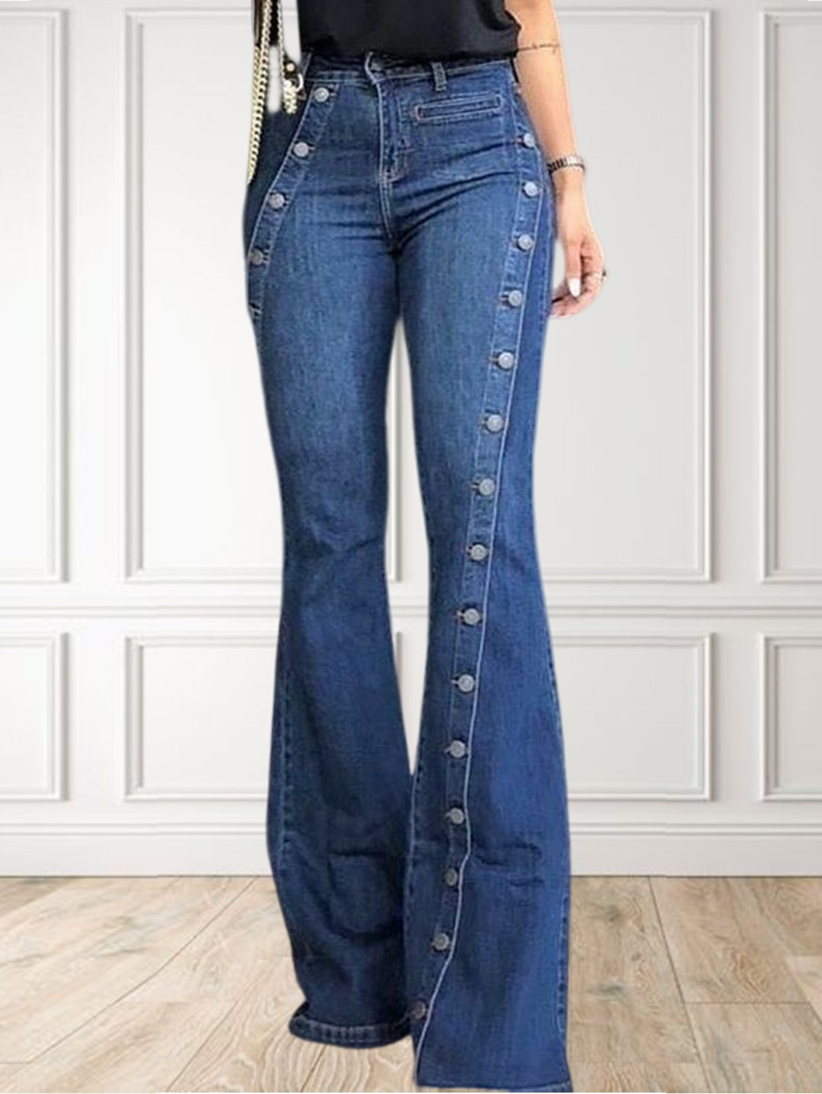 Plain Button Decor Flare Leg Long Denim Pants Flare Jeans, High Waist Skinny bottom Wide Leg  Jeans KilyClothing