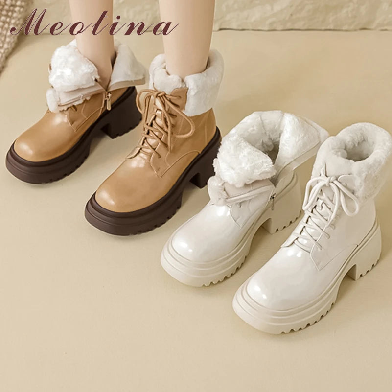 Meotina Women Genuine Leather Ankle Short Boots Round Toe Thick High Heels Wool Zipper Lace-up Combat Boots Ladies Shoes Winter