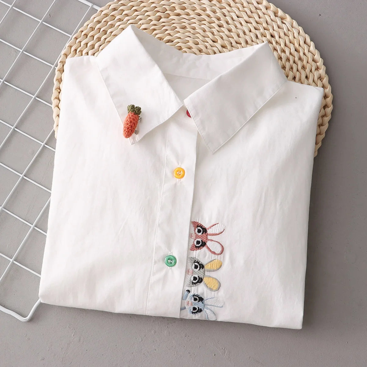 Cotton White Shirts for woman, Cute Embroidery, Rabbit Tops, Turn Down Collar, Button Long Sleeve Straight Blouse KilyClothing