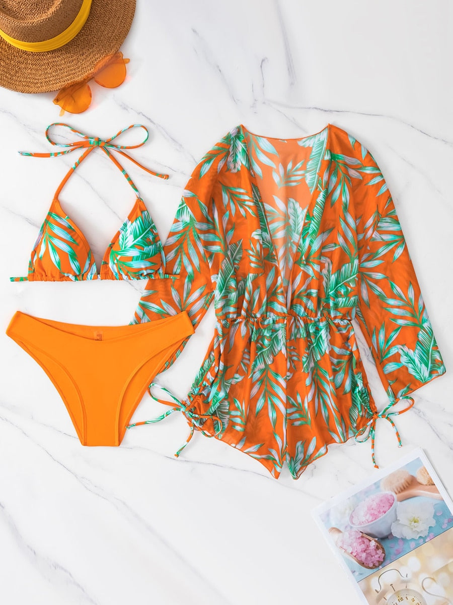 3 pieces Halter Bikini Tropical Print Swimsuits KilyClothing