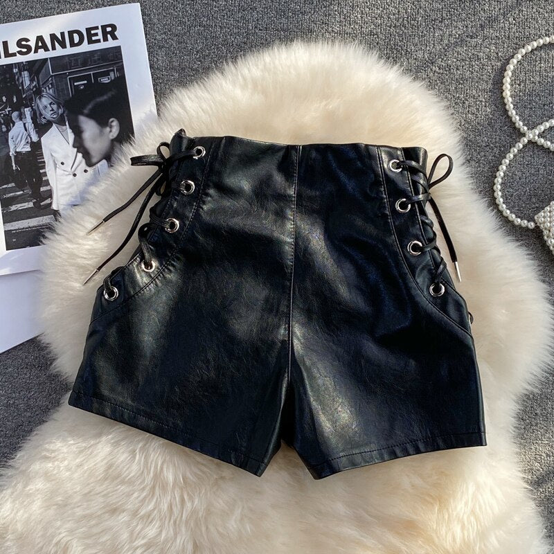 Washed PU Leather Shorts Women Fashionable Versatile High Waist Slim Straight Hot Pants KilyClothing