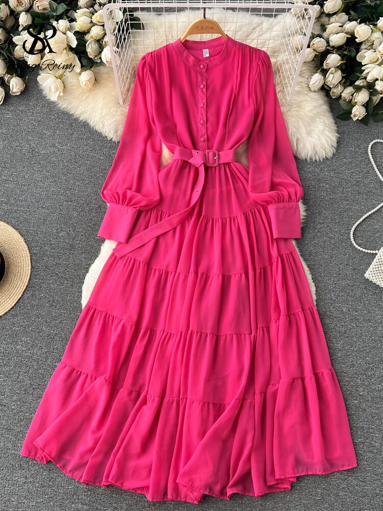 SINGREINY Autumn Retro Beach Pleated Dress Women Lantern Sleeve French Single Breasted 2022 Fashion Chiffon A Line Long Dress KilyClothing