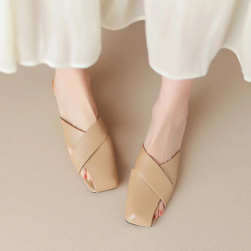 Low Heels Concise Slippers Genuine Leather Comfortable Shoes Woman Fashion Hollow Square Toe Mules Casual Party Office KilyClothing