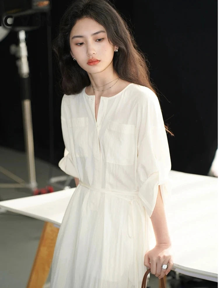 Vestidos largos coreanos para mujer, vestido informal holgado de manga larga con cintura