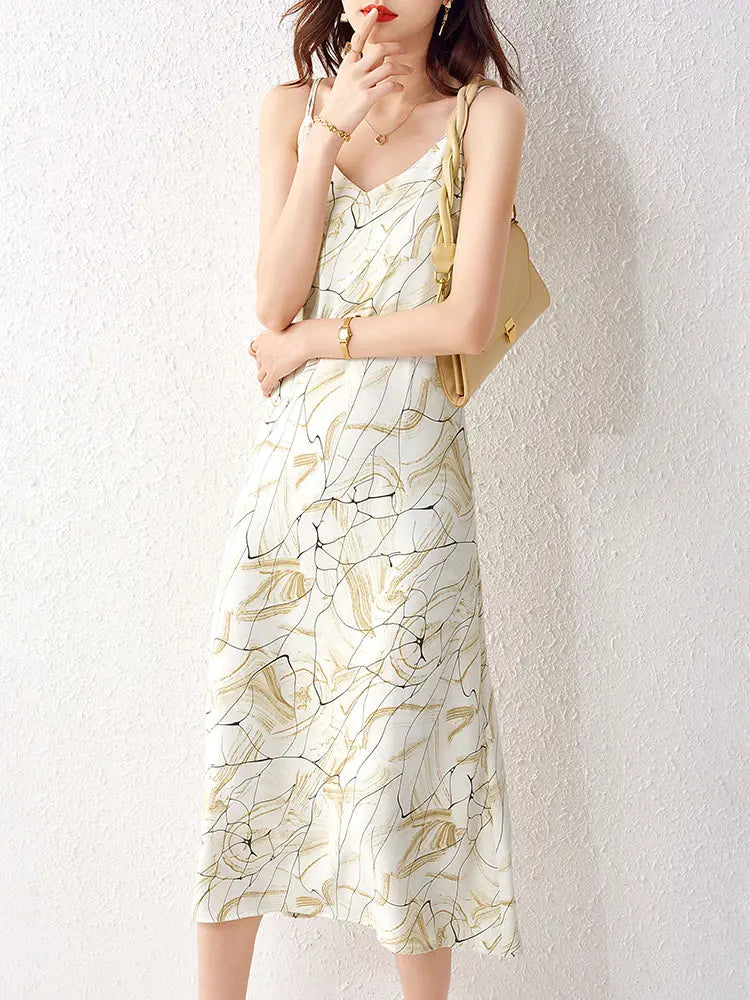 Printed Spaghetti Strap Dress for Women, Summer Sexy Club Party Sleeveless Slim Midi Dress
