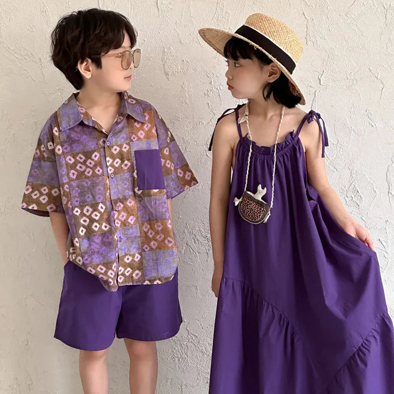 Sibling Outfit 2-7 Y Girl's Sling Dress Boys Plaid Short Sleeve Shirt + Shorts 2PCS Summer