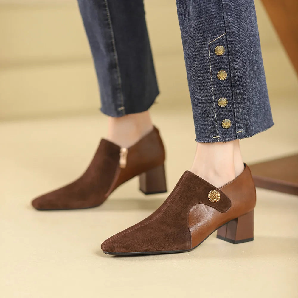 Retro Style Women Pumps Thick Heels Side Zipper Splicing Genuine Leather Spring Summer Office Lady Working Shoes Woman KilyClothing